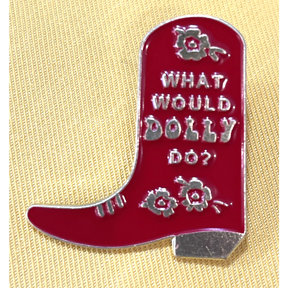 NWOT Red Enamel Lapel Pin Brooch WHAT WOULD DOLLY DO Cowboy Boot Country Western